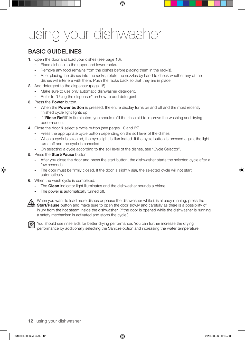Using your dishwasher, Basic guidelines | Samsung DMT300 Series User Manual | Page 12 / 30