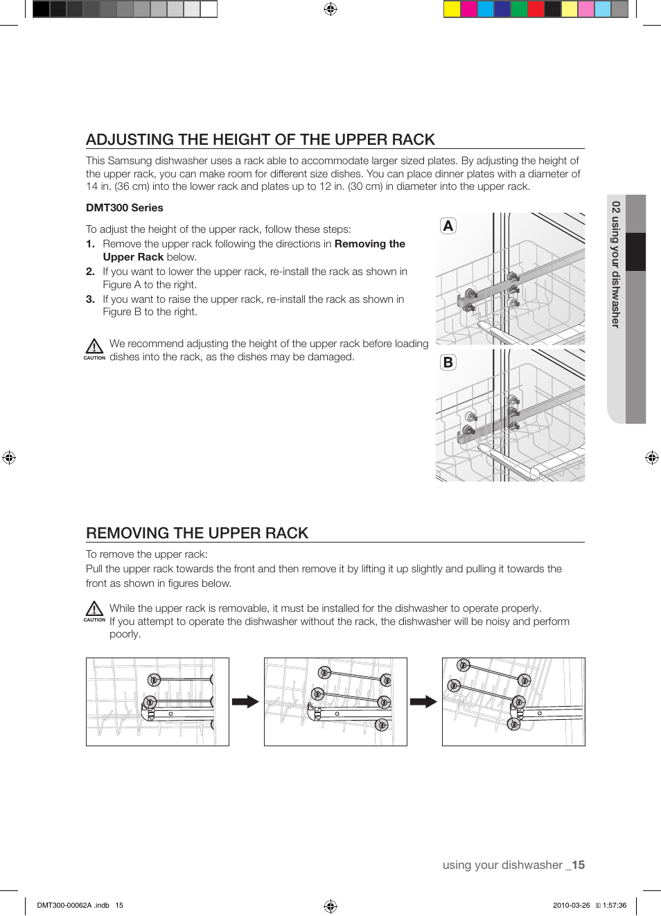 Adjusting the height of the upper rack, Removing the upper rack | Samsung DMT300 Series User Manual | Page 15 / 30