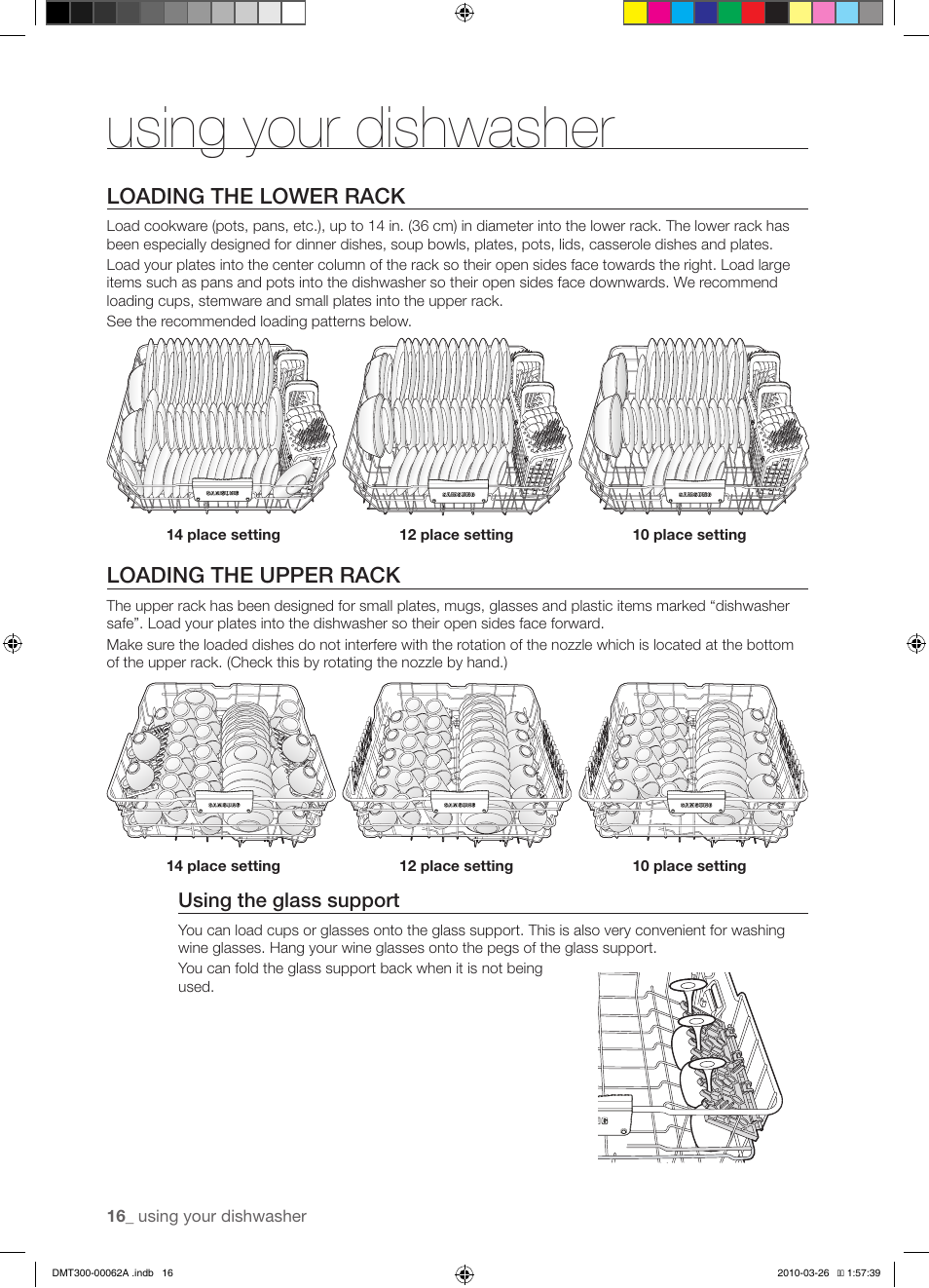 Using your dishwasher, Loading the lower rack, Loading the upper rack | Samsung DMT300 Series User Manual | Page 16 / 30