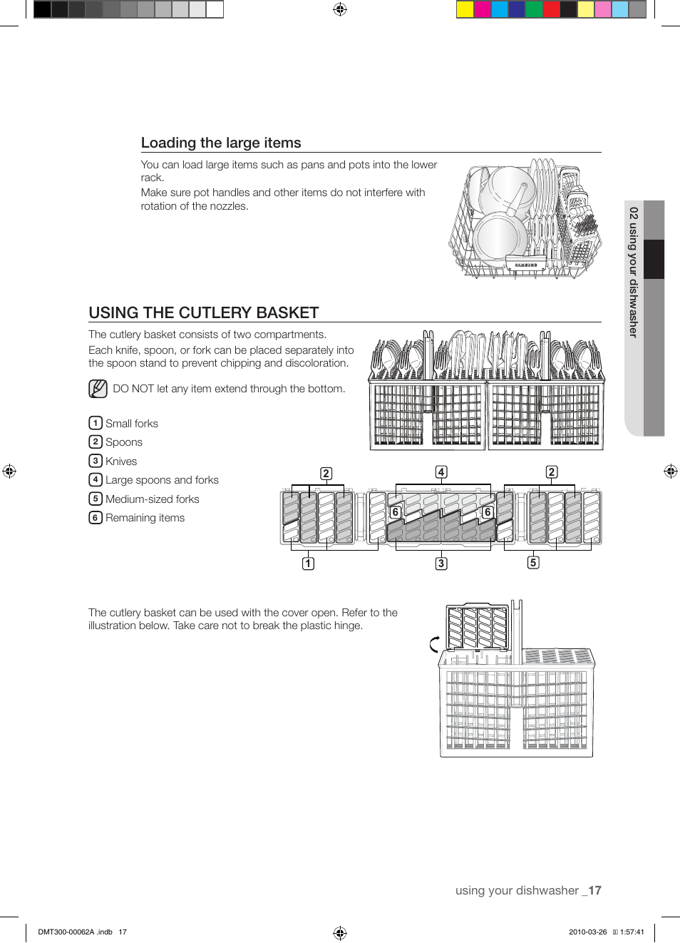Using the cutlery basket, Loading the large items | Samsung DMT300 Series User Manual | Page 17 / 30