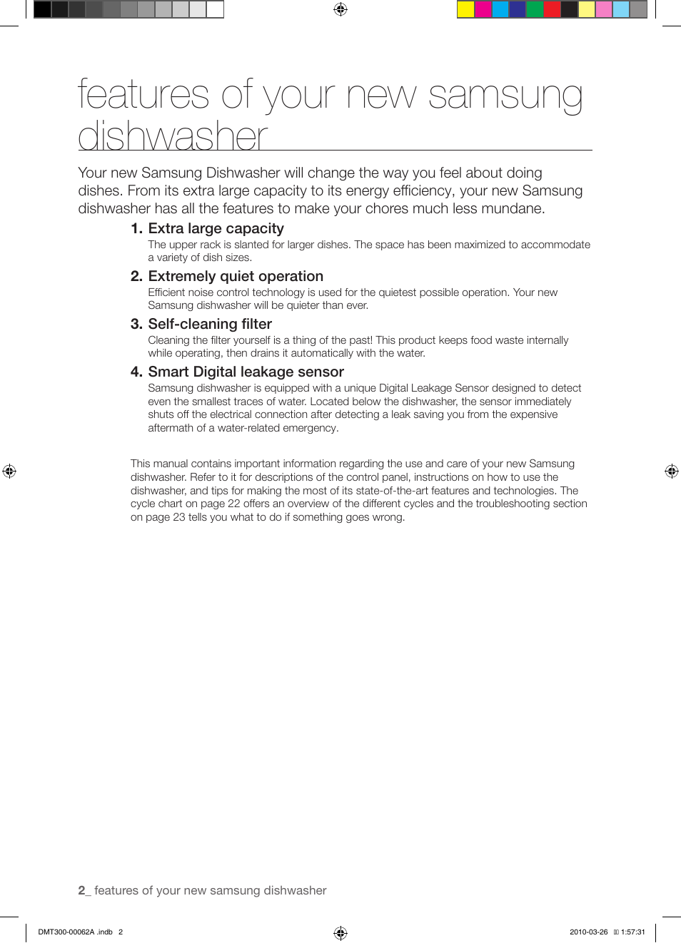 Features of your new samsung dishwasher | Samsung DMT300 Series User Manual | Page 2 / 30
