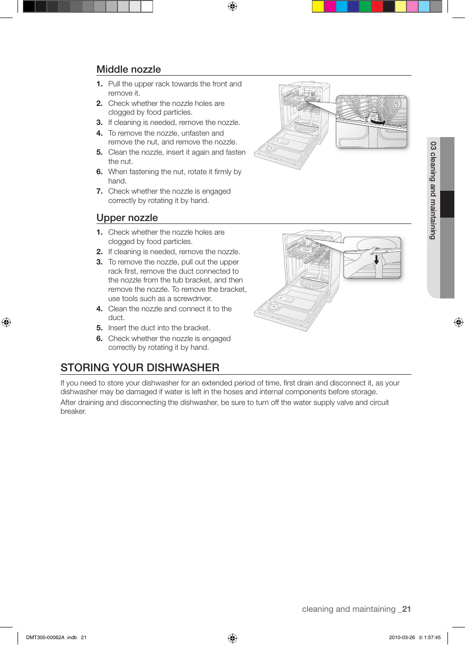 Storing your dishwasher, Middle nozzle, Upper nozzle | Samsung DMT300 Series User Manual | Page 21 / 30