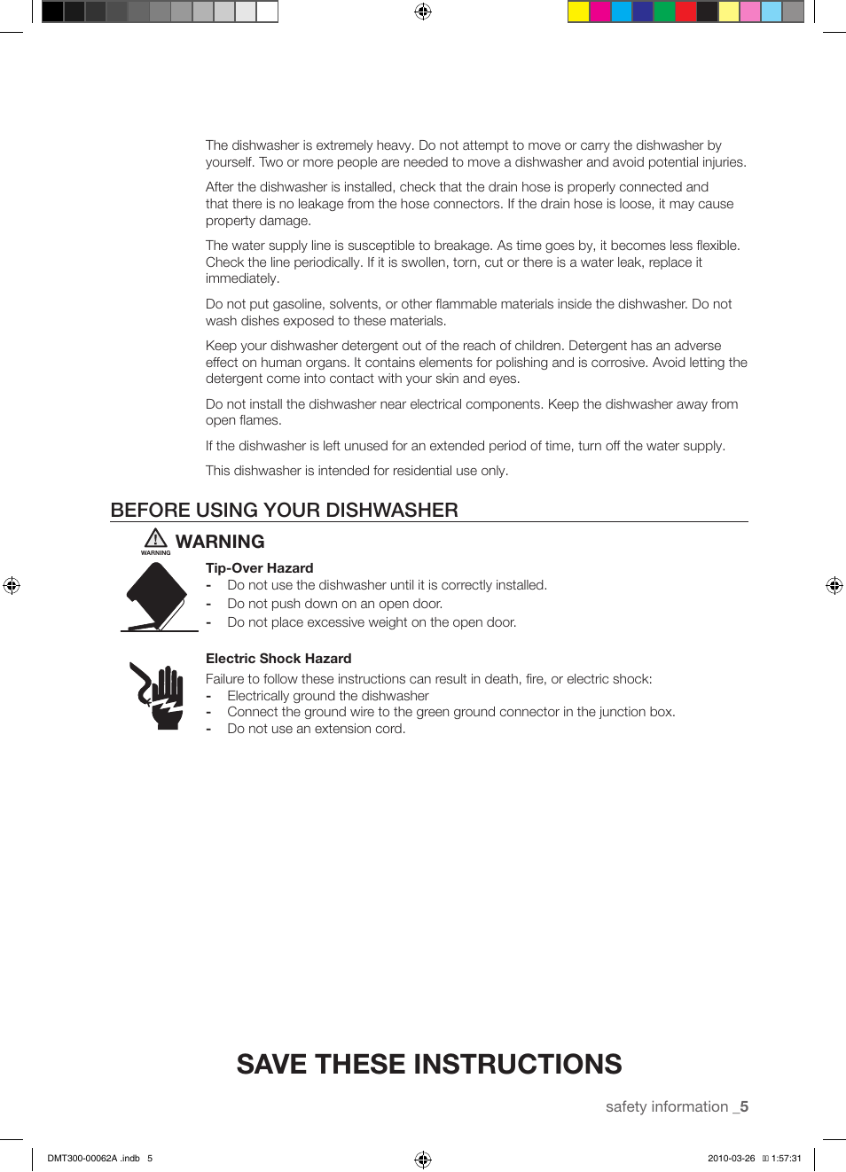 Save these instructions, Before using your dishwasher, Warning | Samsung DMT300 Series User Manual | Page 5 / 30