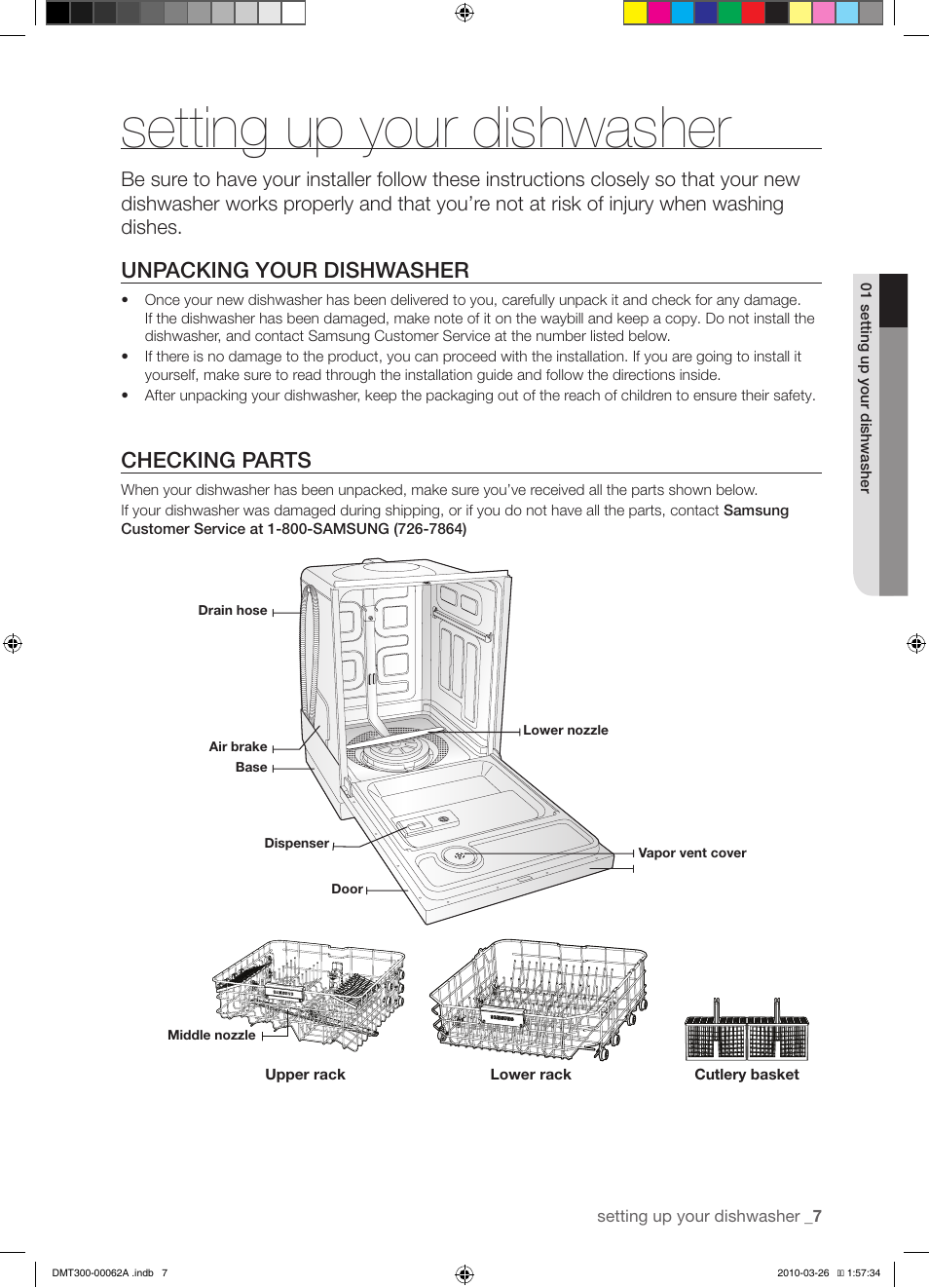 Setting up your dishwasher, Unpacking your dishwasher, Checking parts | Samsung DMT300 Series User Manual | Page 7 / 30