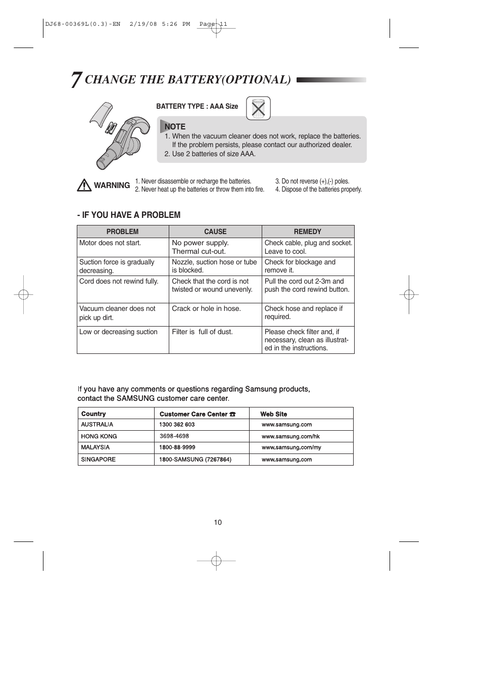 7change the battery(optional), If you have a problem, Change the battery(optional) | Samsung DJ68-00369L User Manual | Page 11 / 16