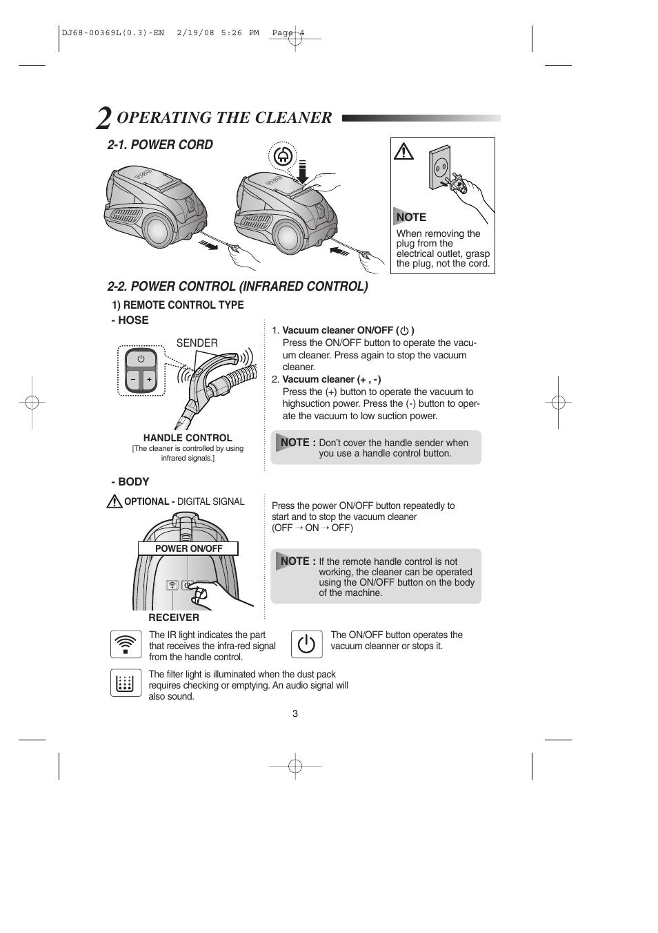 2operating the cleaner, Operating the cleaner | Samsung DJ68-00369L User Manual | Page 4 / 16