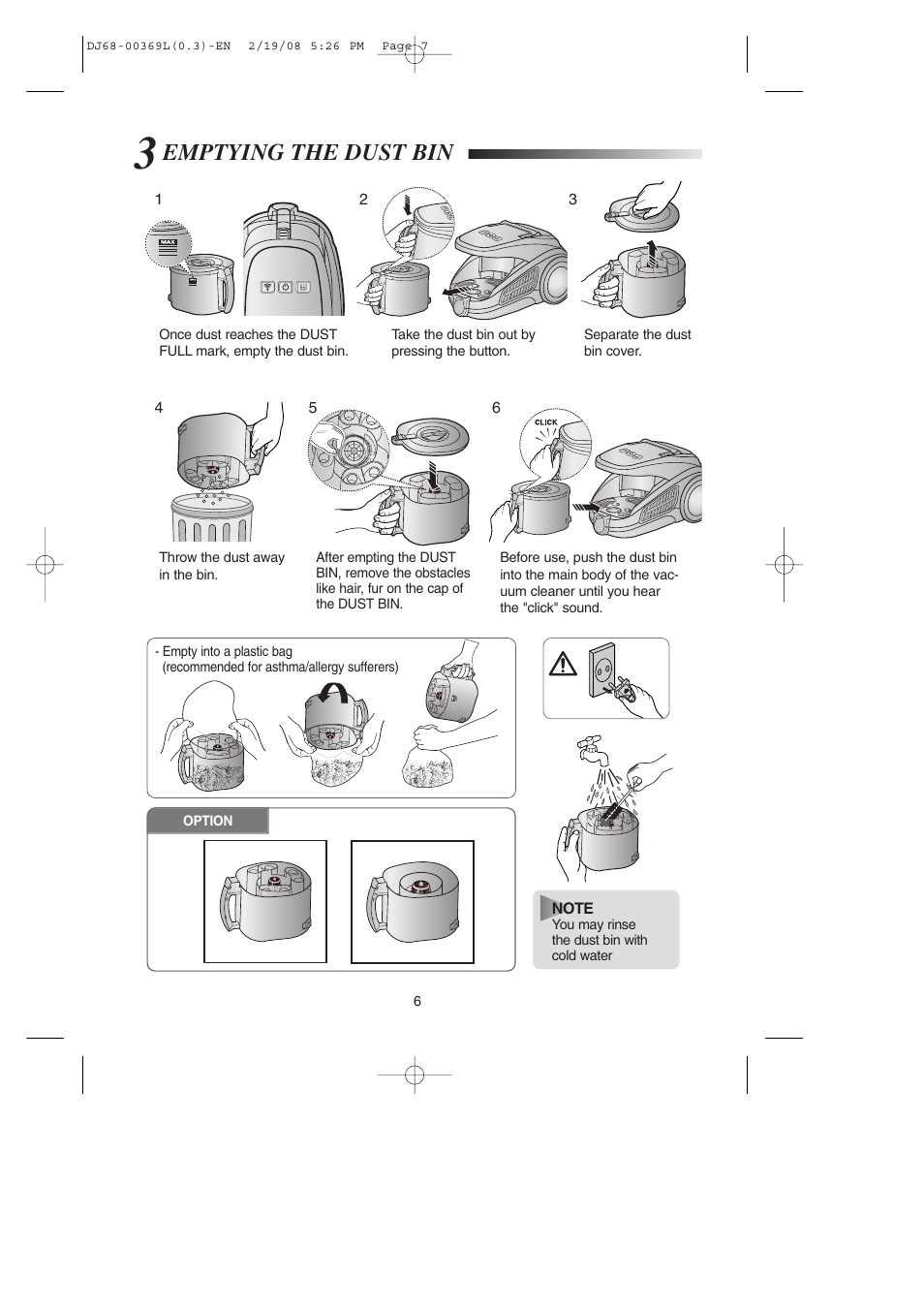 3emptying the dust bin, Emptying the dust bin | Samsung DJ68-00369L User Manual | Page 7 / 16