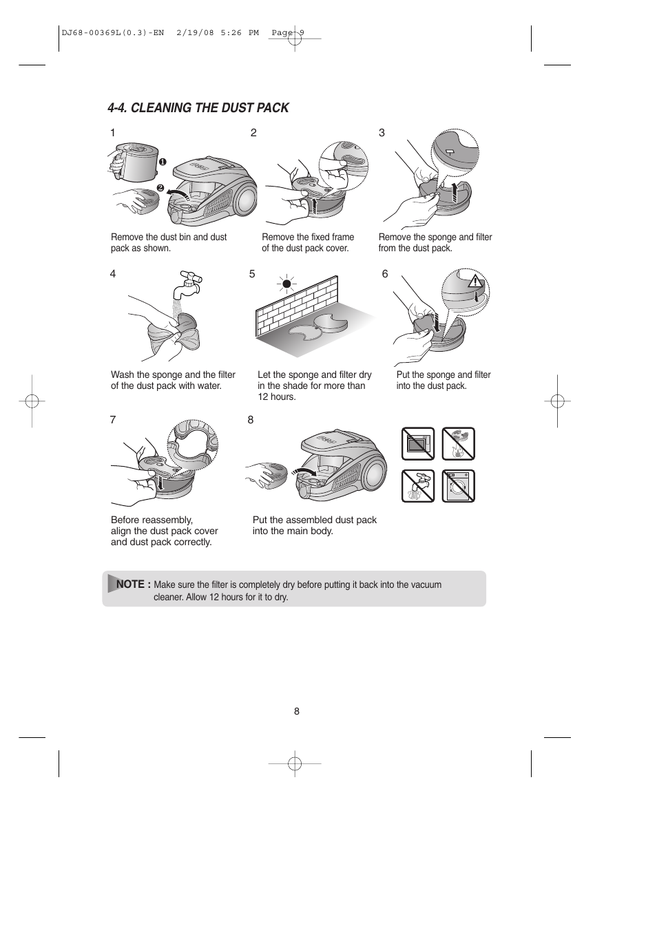 4. cleaning the dust pack | Samsung DJ68-00369L User Manual | Page 9 / 16
