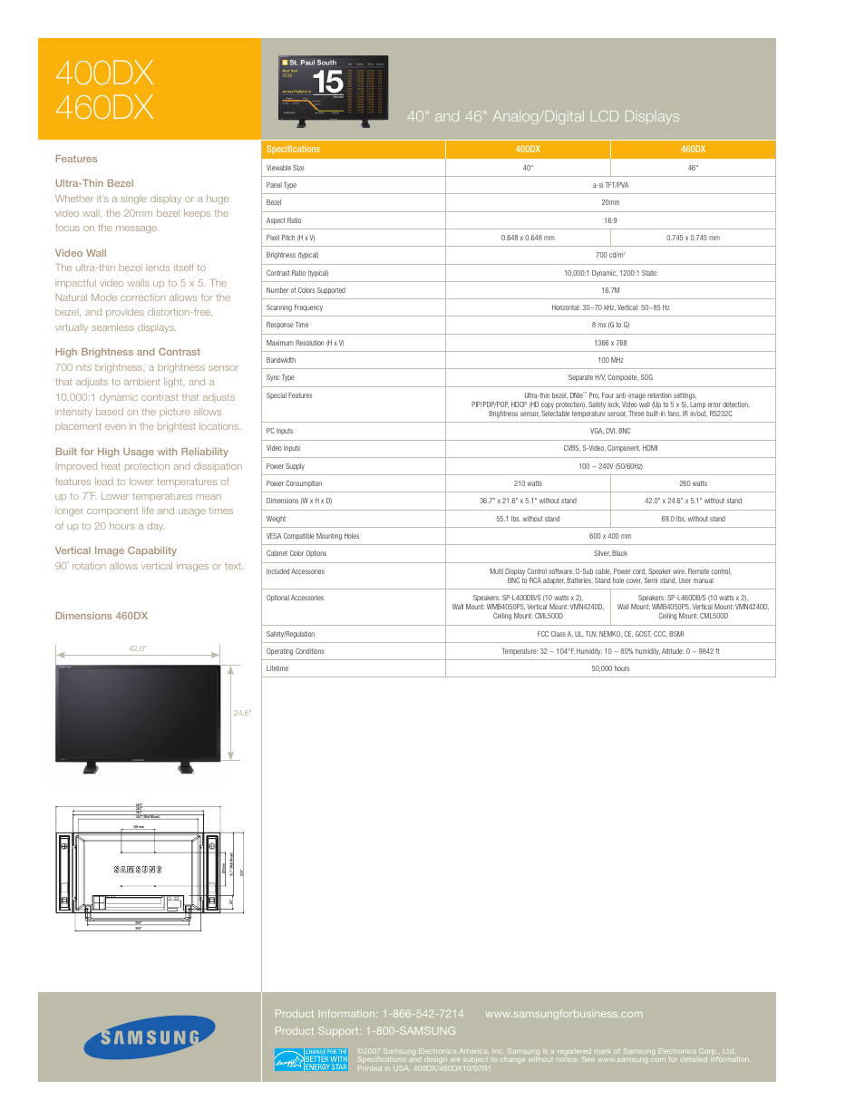 40" and 46" analog/digital lcd displays | Samsung 400DX User Manual | Page 2 / 2
