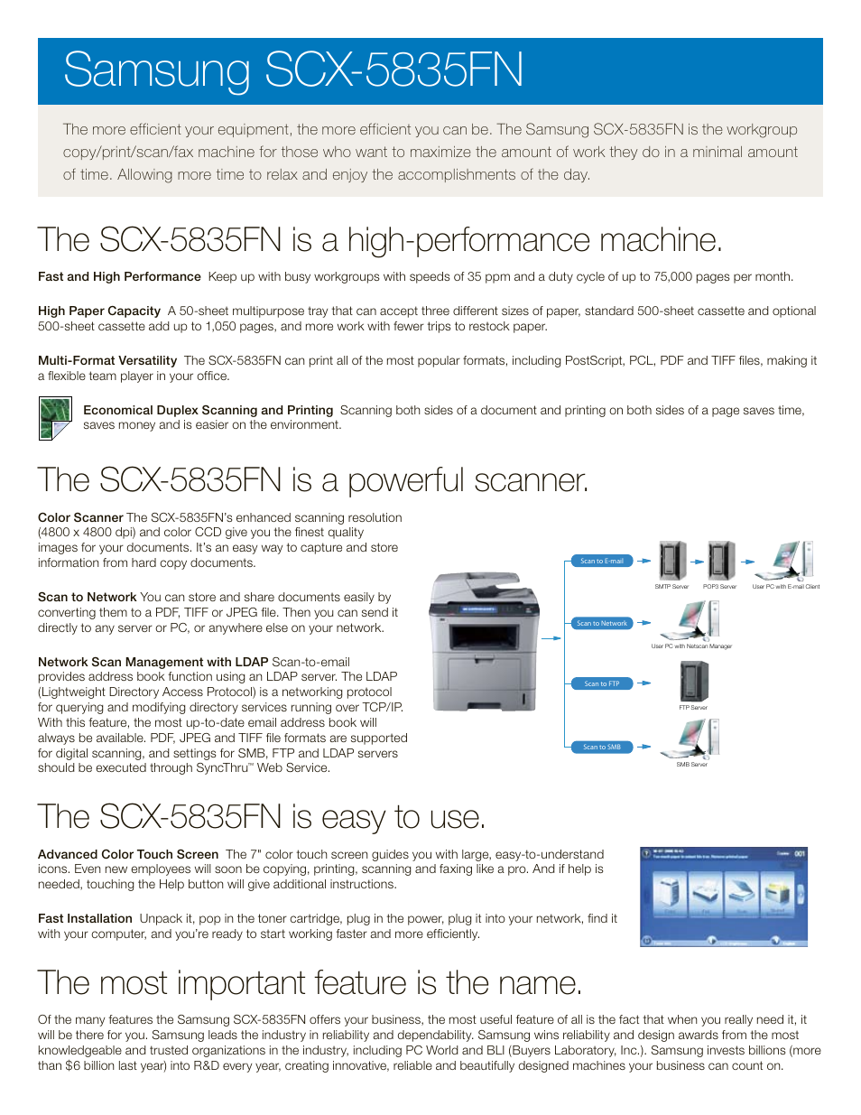 Samsung scx-5835fn, The scx-5835fn is a high-performance machine, The scx-5835fn is a powerful scanner | The scx-5835fn is easy to use, The most important feature is the name | Samsung SCX-5835FN User Manual | Page 3 / 4