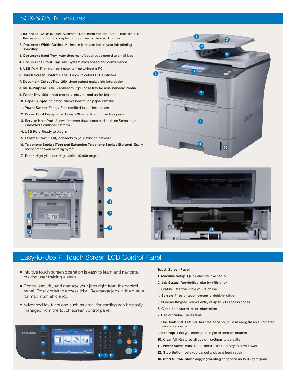 Scx-5835fn features, Easy-to-use 7" touch screen lcd control panel | Samsung SCX-5835FN User Manual | Page 4 / 4