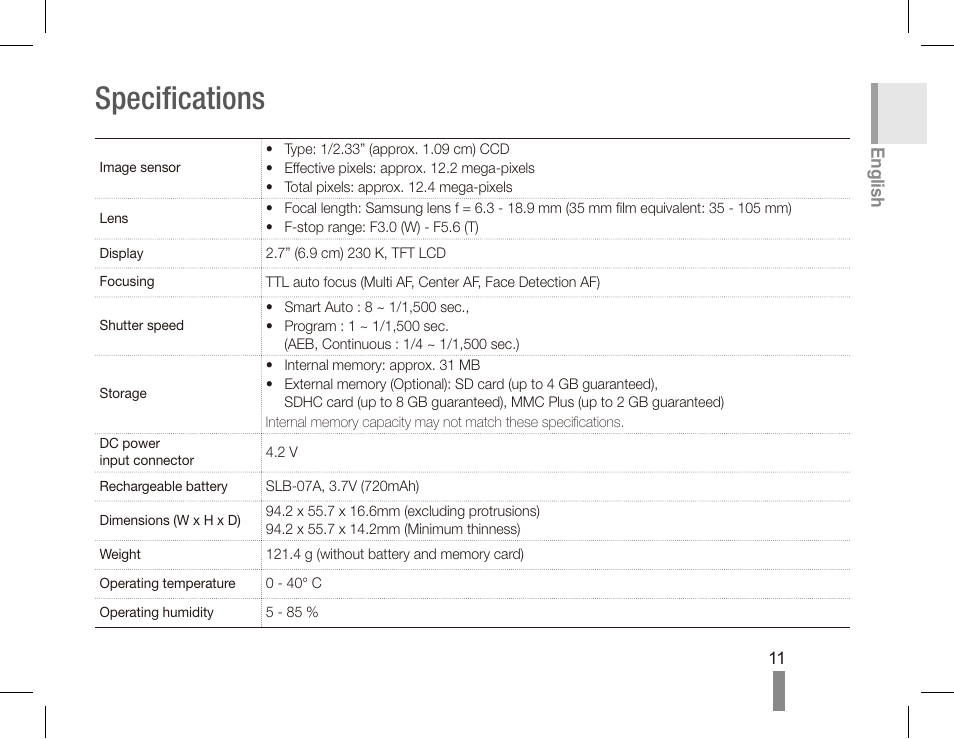 Specifications, English | Samsung ST50 User Manual | Page 11 / 72