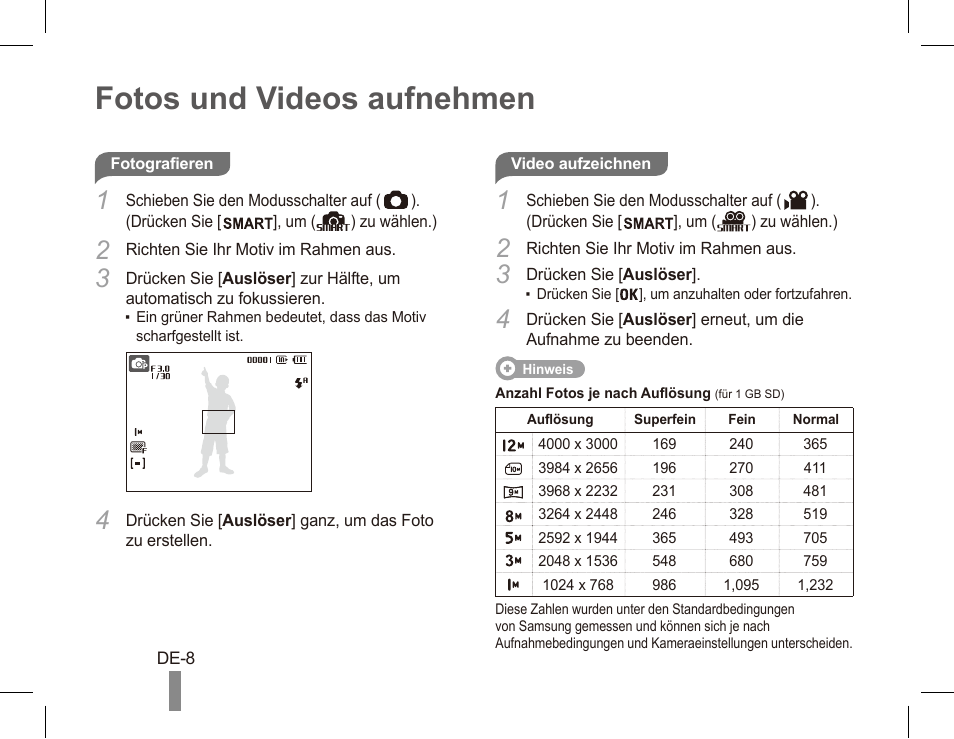 Fotos und videos aufnehmen | Samsung ST50 User Manual | Page 18 / 72