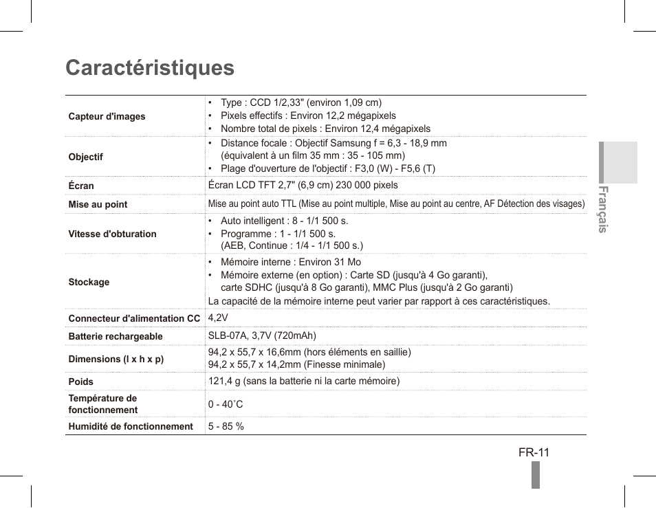 Caractéristiques, Français | Samsung ST50 User Manual | Page 31 / 72
