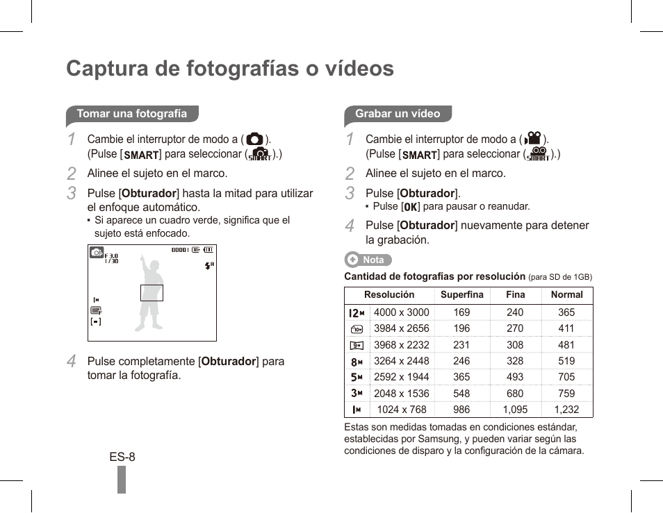 Captura de fotografías o vídeos | Samsung ST50 User Manual | Page 38 / 72