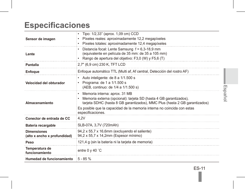 Especificaciones | Samsung ST50 User Manual | Page 41 / 72