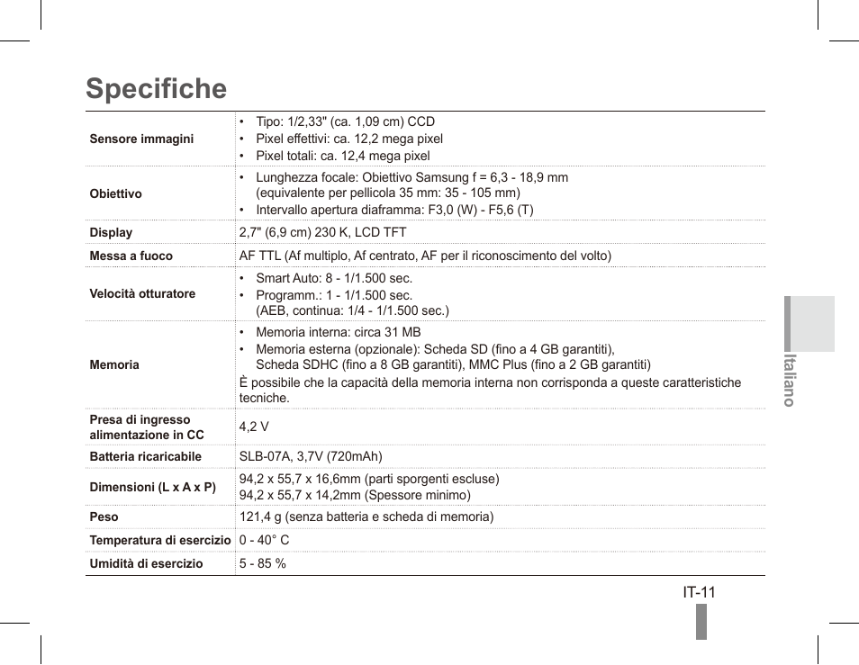 Specifiche, Italiano | Samsung ST50 User Manual | Page 51 / 72