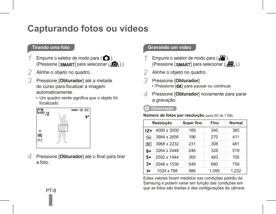 Capturando fotos ou vídeos | Samsung ST50 User Manual | Page 68 / 72
