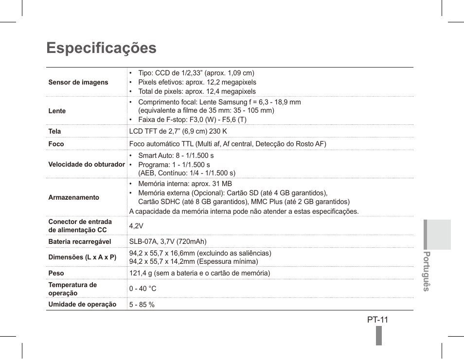 Especificações, Português | Samsung ST50 User Manual | Page 71 / 72