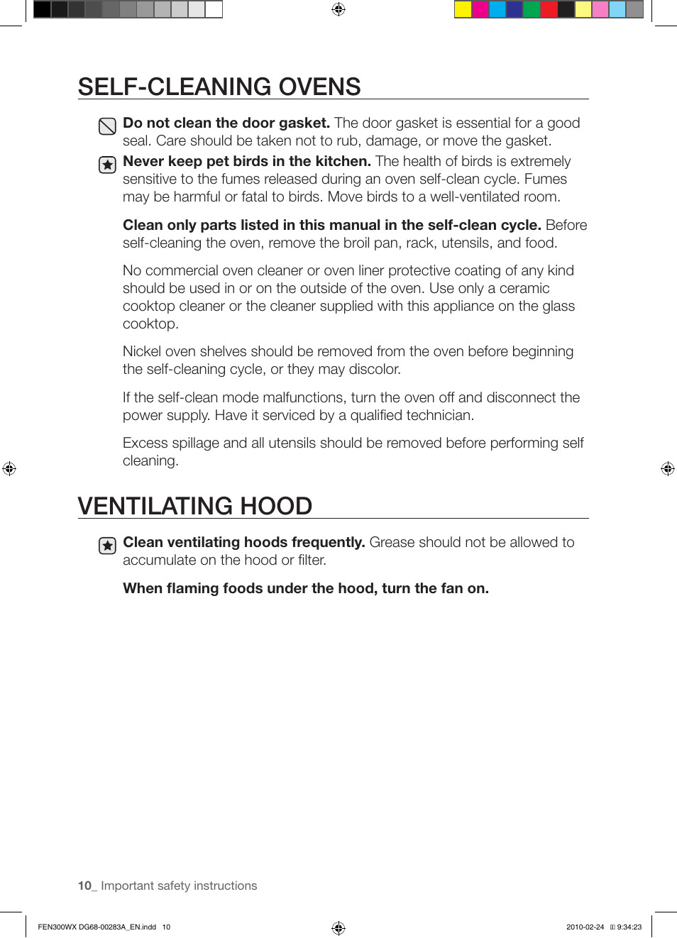 Self-cleaning ovens, Ventilating hood | Samsung FE-N300** User Manual | Page 10 / 72