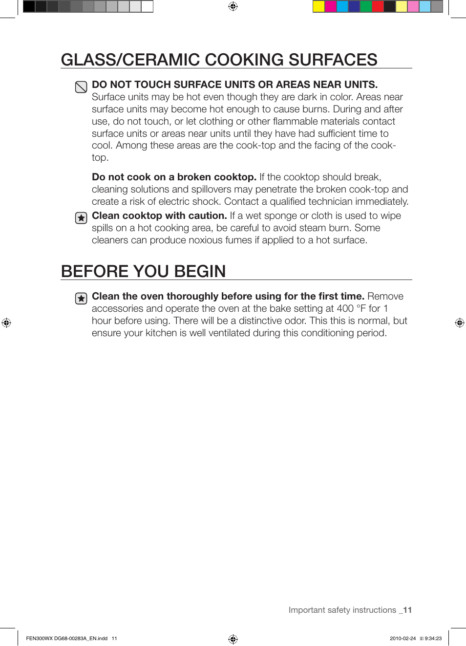 Glass/ceramic cooking surfaces, Before you begin | Samsung FE-N300** User Manual | Page 11 / 72