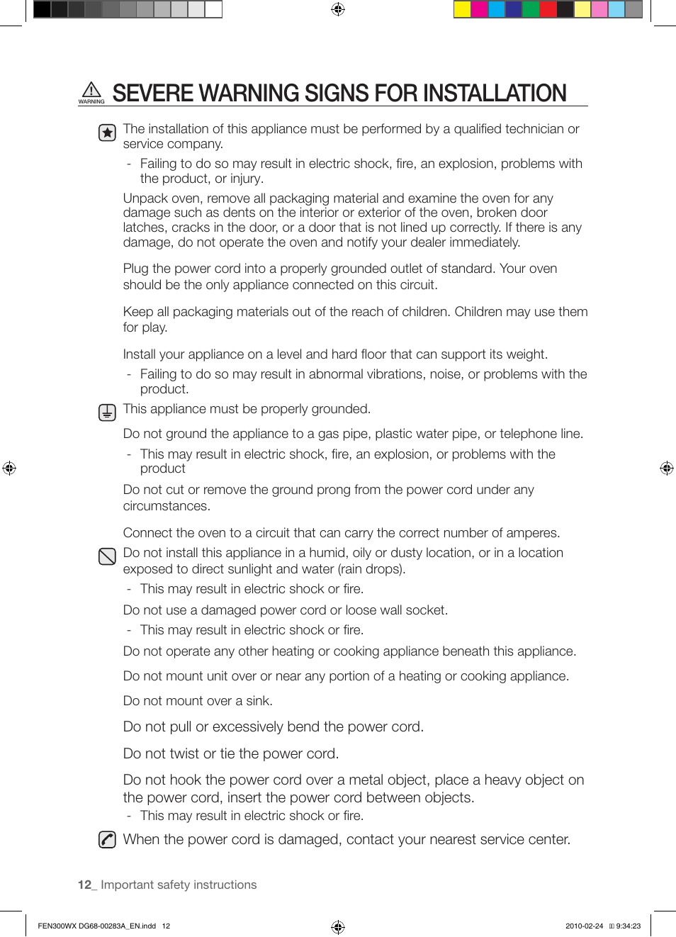Severe warning signs for installation | Samsung FE-N300** User Manual | Page 12 / 72