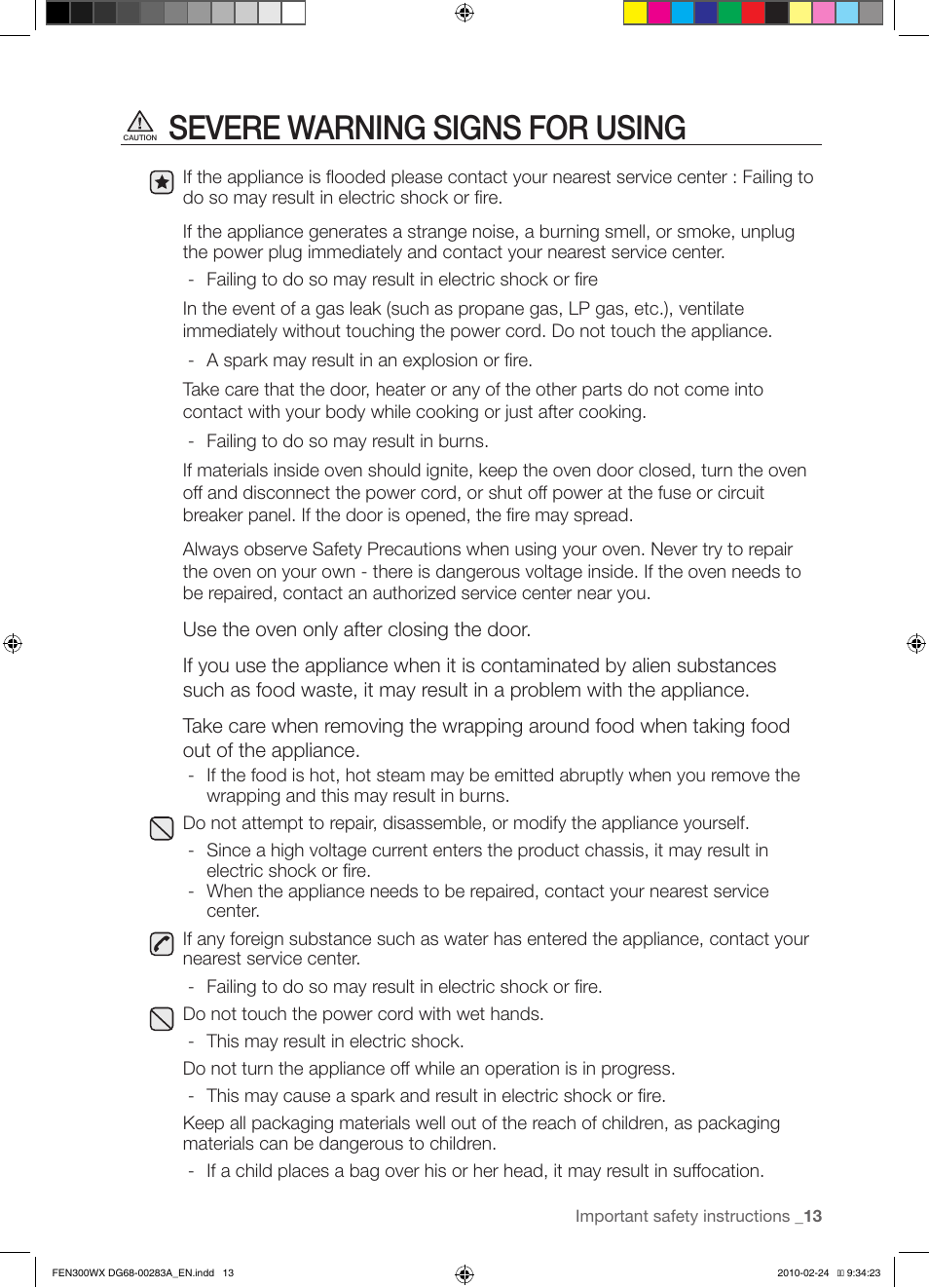 Severe warning signs for using | Samsung FE-N300** User Manual | Page 13 / 72