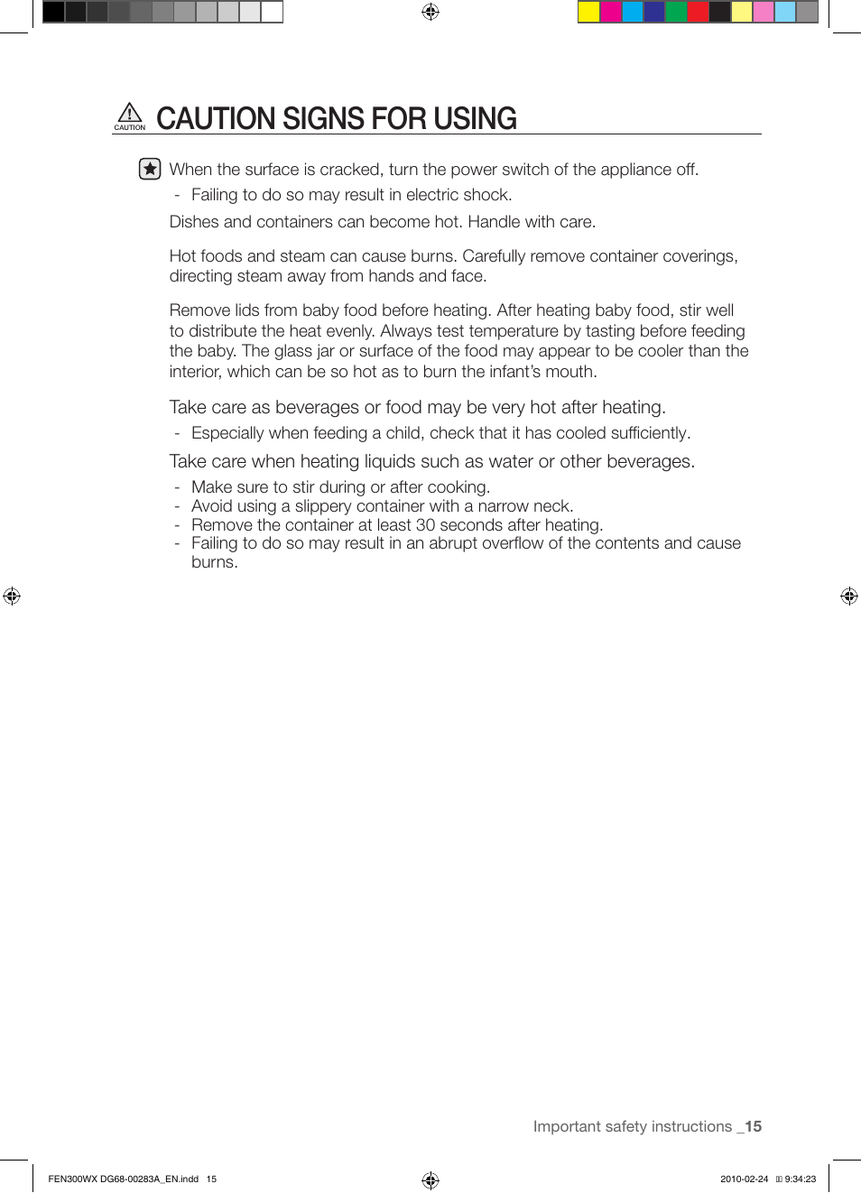 Caution signs for using | Samsung FE-N300** User Manual | Page 15 / 72
