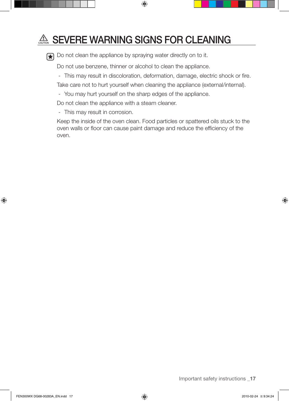 Severe warning signs for cleaning | Samsung FE-N300** User Manual | Page 17 / 72