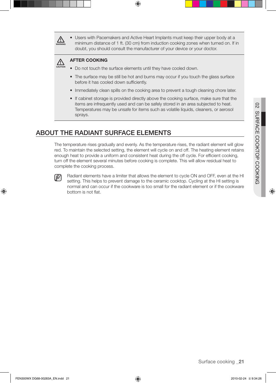 About the radiant surface elements | Samsung FE-N300** User Manual | Page 21 / 72