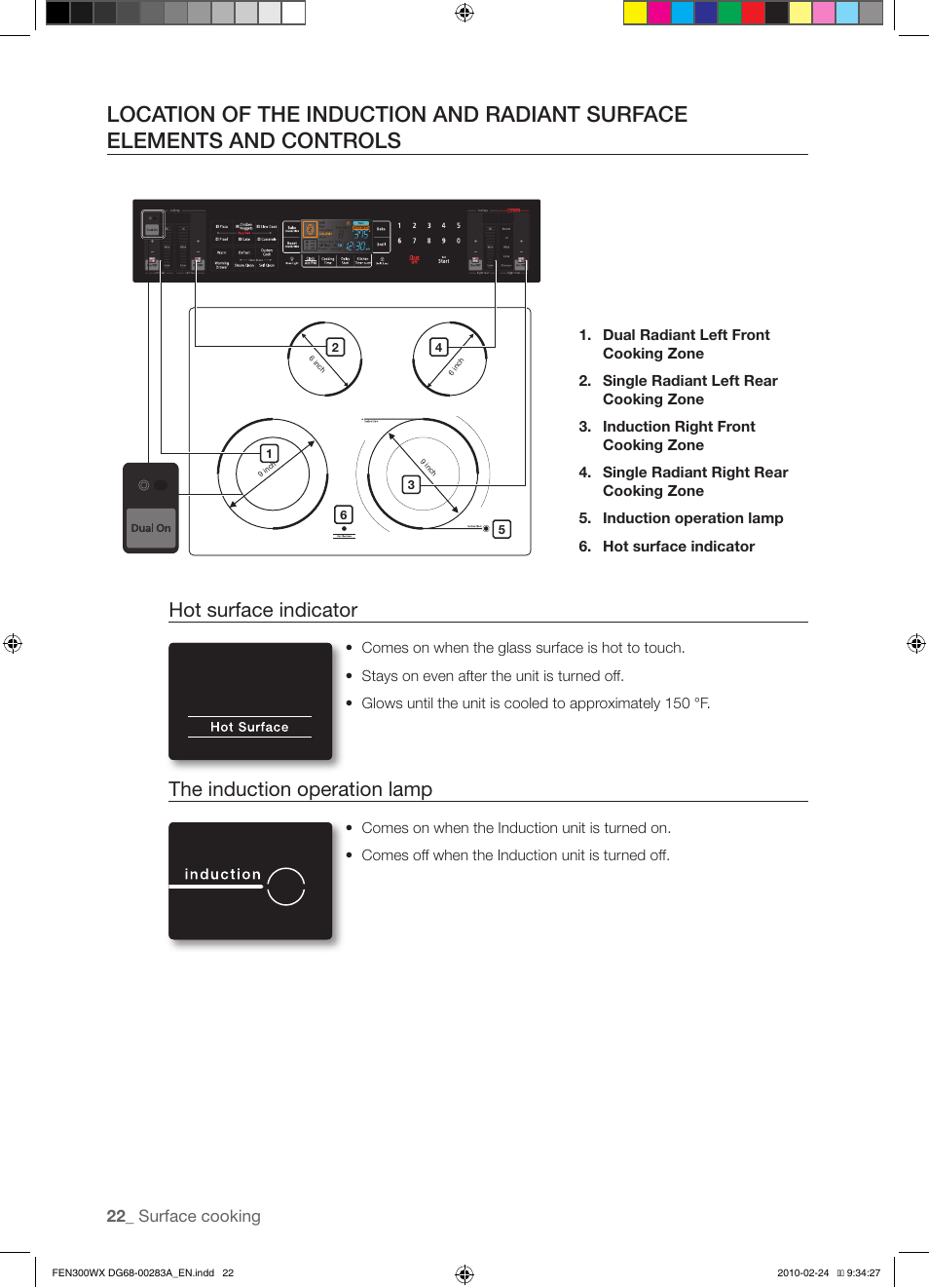 Hot surface indicator, The induction operation lamp | Samsung FE-N300** User Manual | Page 22 / 72