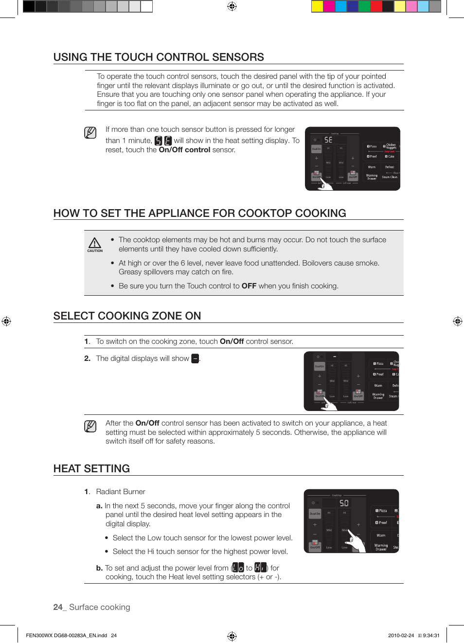Using the touch control sensors, How to set the appliance for cooktop cooking, Select cooking zone on | Heat setting | Samsung FE-N300** User Manual | Page 24 / 72