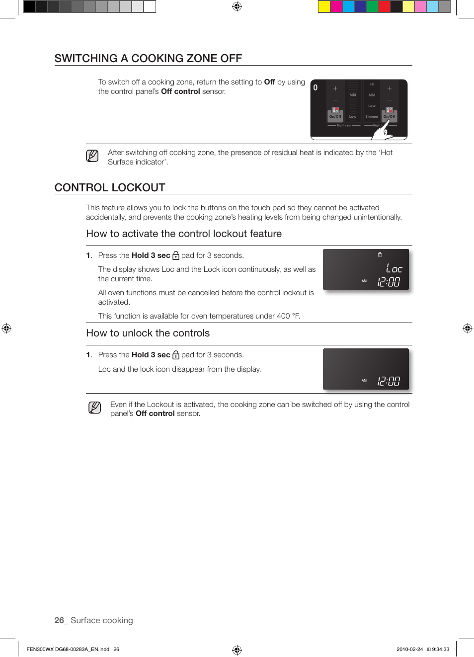Switching a cooking zone off, Control lockout, How to activate the control lockout feature | How to unlock the controls | Samsung FE-N300** User Manual | Page 26 / 72