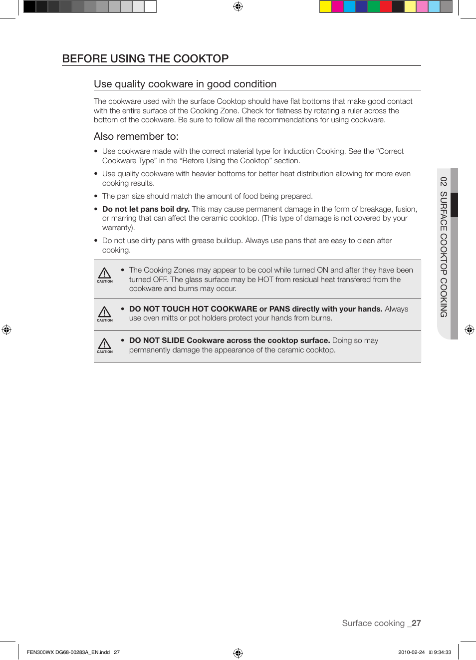 Before using the cooktop, Use quality cookware in good condition, Also remember to | Samsung FE-N300** User Manual | Page 27 / 72