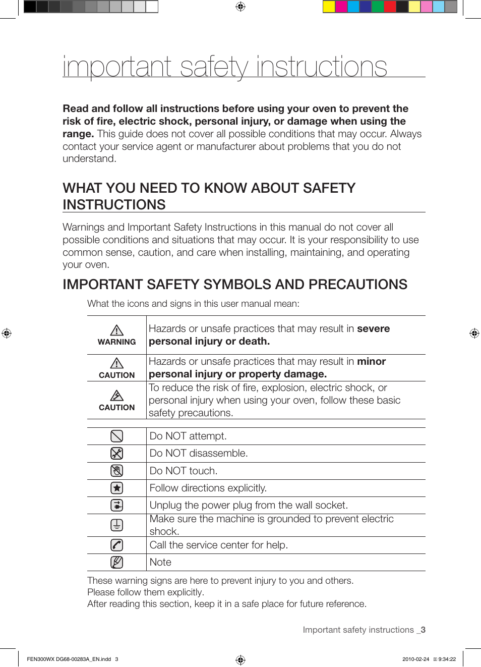 Important safety instructions, What you need to know about safety instructions, Important safety symbols and precautions | Samsung FE-N300** User Manual | Page 3 / 72