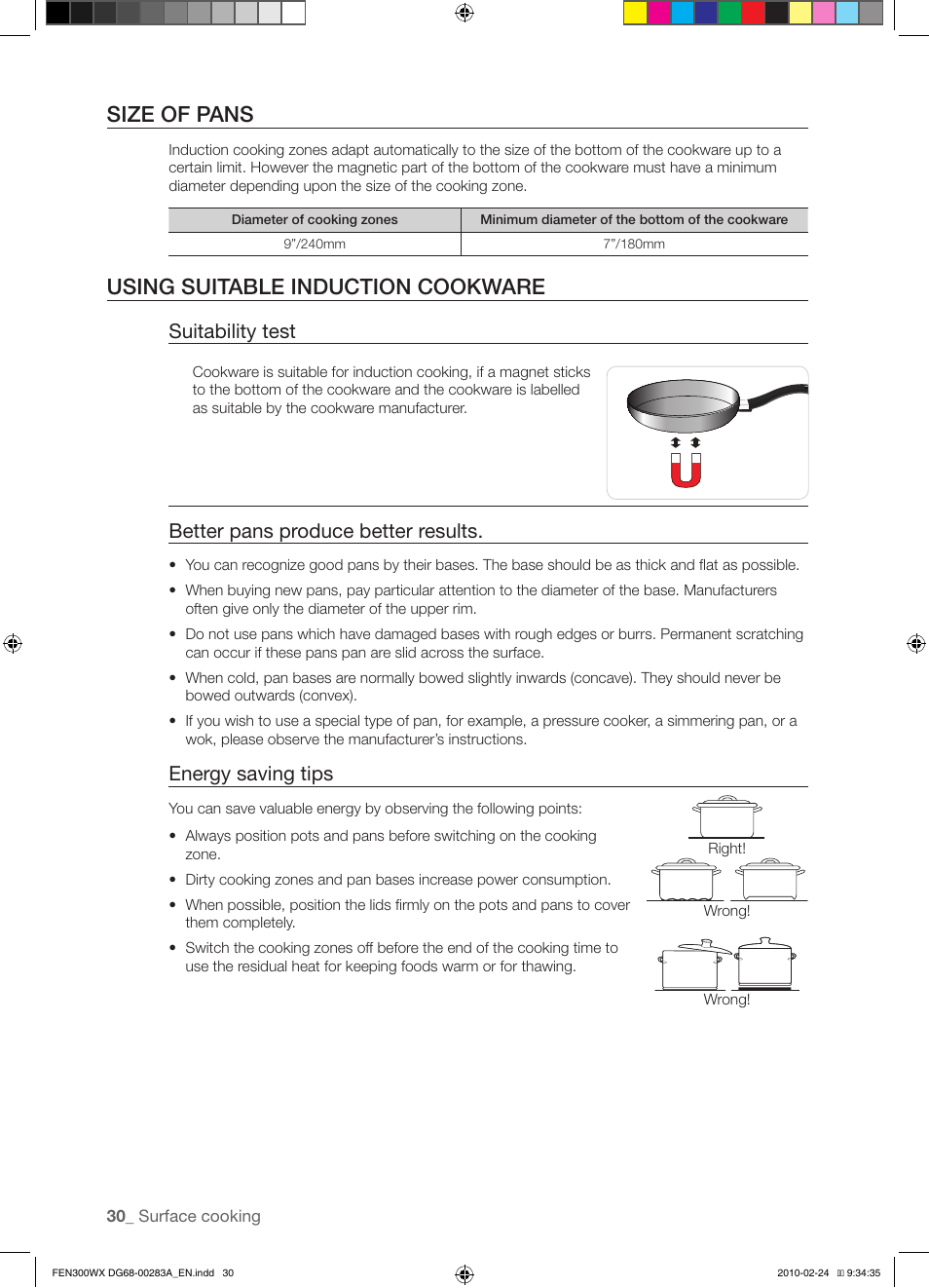 Size of pans, Using suitable induction cookware, Suitability test | Better pans produce better results, Energy saving tips | Samsung FE-N300** User Manual | Page 30 / 72