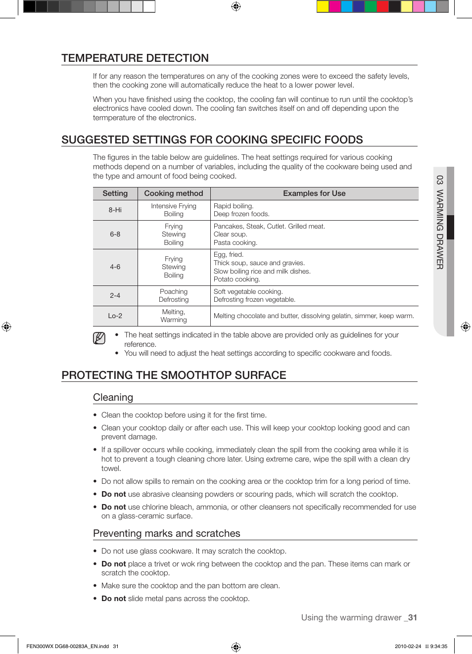 Temperature detection, Suggested settings for cooking specific foods, Protecting the smoothtop surface | Cleaning, Preventing marks and scratches | Samsung FE-N300** User Manual | Page 31 / 72