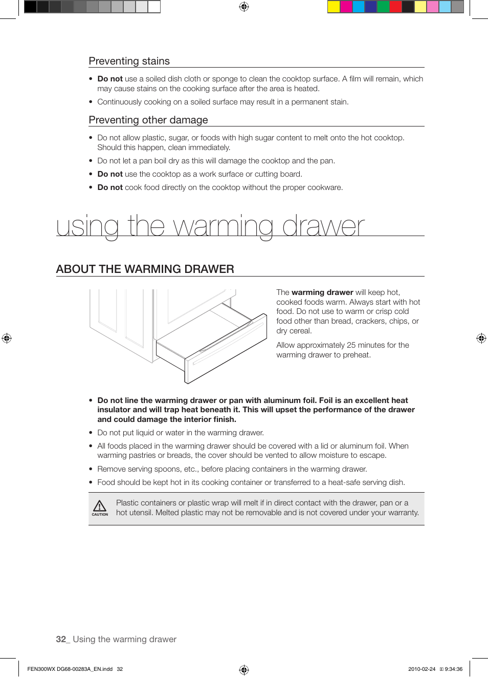 Using the warming drawer, About the warming drawer, Preventing stains | Preventing other damage | Samsung FE-N300** User Manual | Page 32 / 72