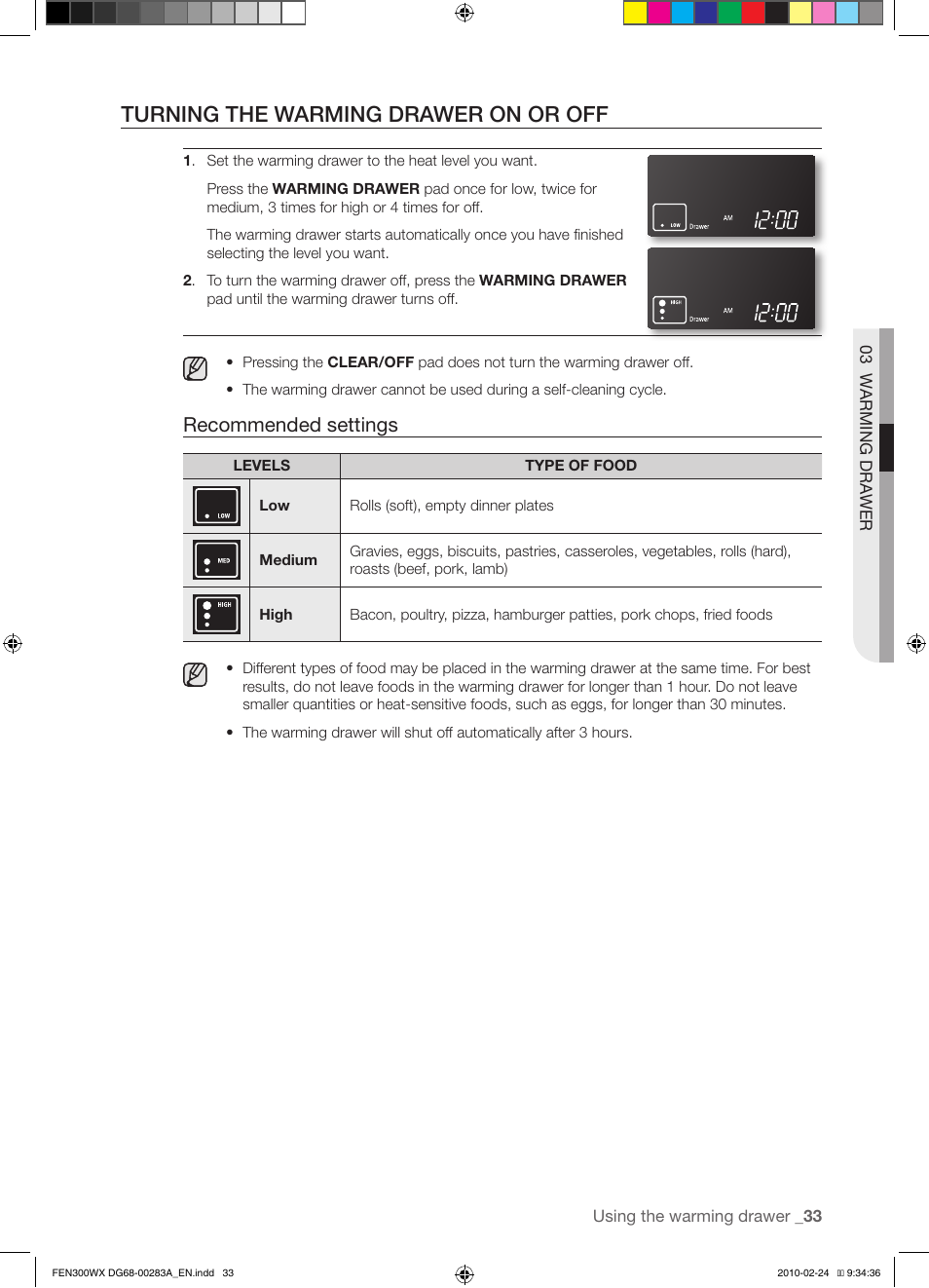 Turning the warming drawer on or off, Recommended settings | Samsung FE-N300** User Manual | Page 33 / 72