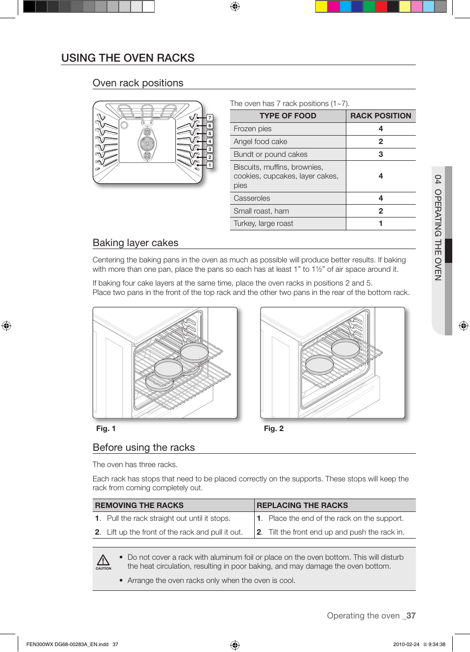 Using the oven racks, Oven rack positions, Baking layer cakes | Before using the racks | Samsung FE-N300** User Manual | Page 37 / 72