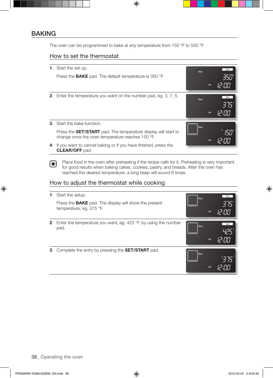 Baking, How to set the thermostat, How to adjust the thermostat while cooking | Samsung FE-N300** User Manual | Page 38 / 72