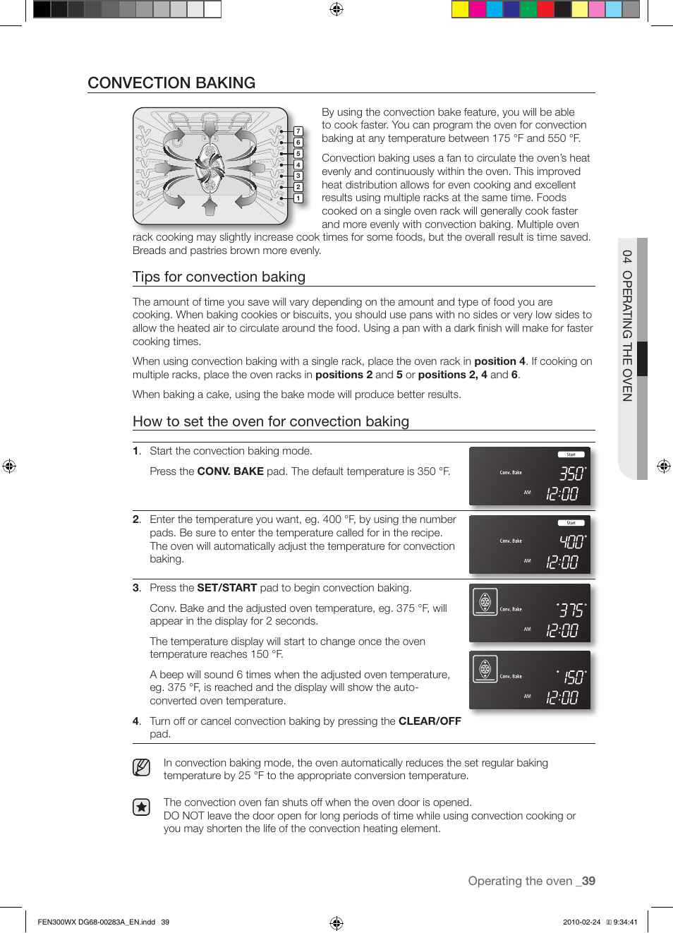 Convection baking, Tips for convection baking, How to set the oven for convection baking | Samsung FE-N300** User Manual | Page 39 / 72