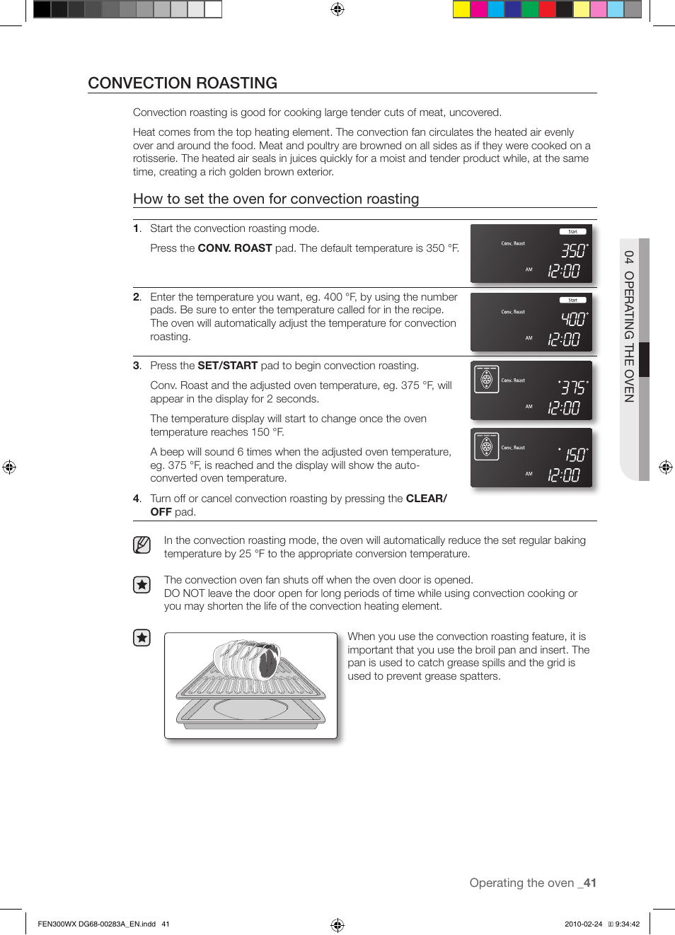 Convection roasting, How to set the oven for convection roasting | Samsung FE-N300** User Manual | Page 41 / 72