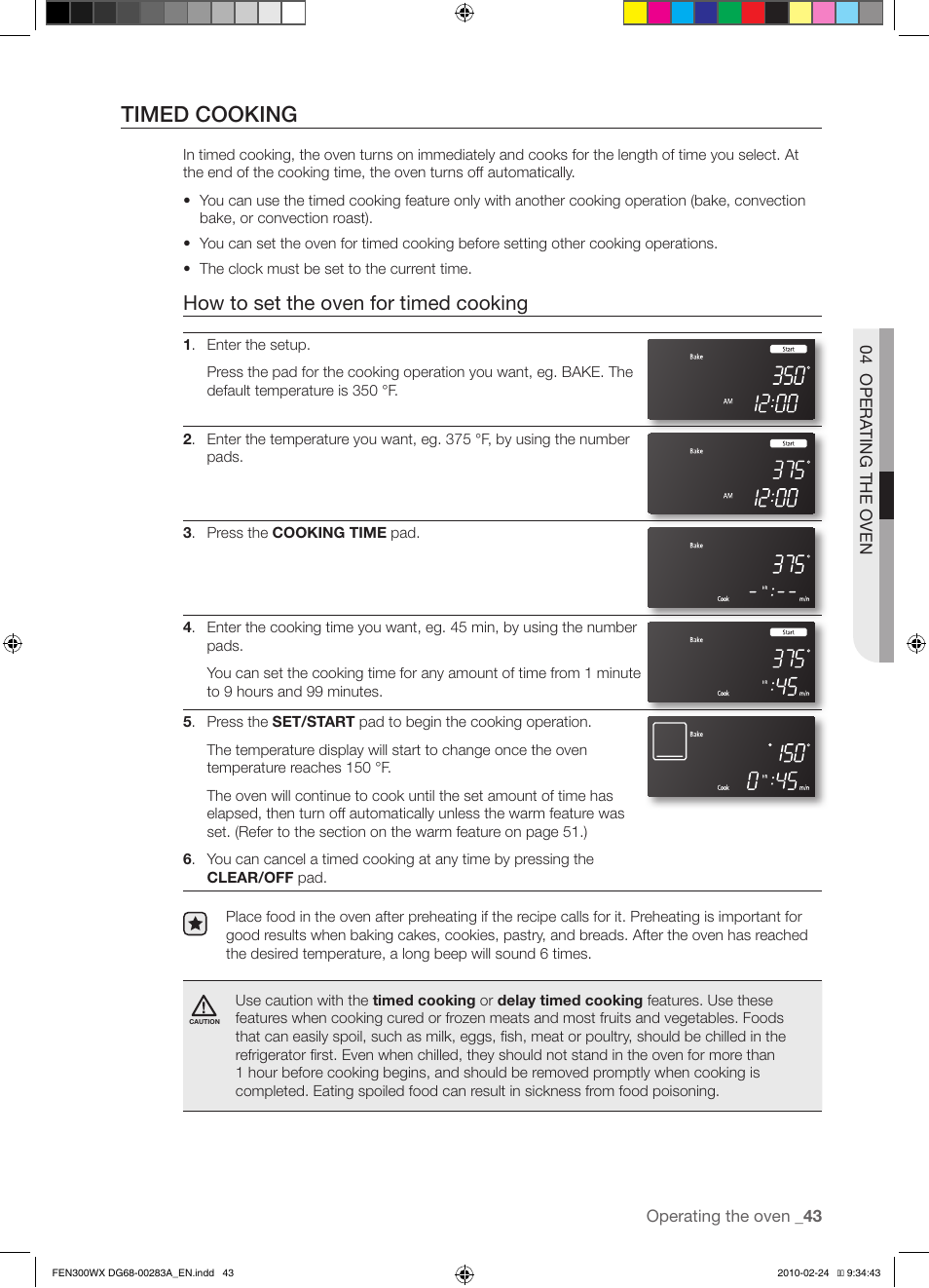 Timed cooking, How to set the oven for timed cooking | Samsung FE-N300** User Manual | Page 43 / 72