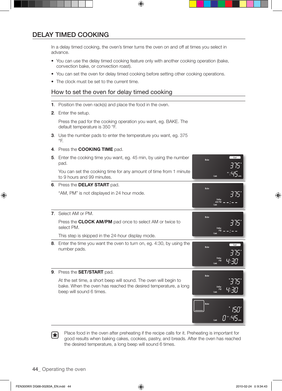 Delay timed cooking, How to set the oven for delay timed cooking | Samsung FE-N300** User Manual | Page 44 / 72
