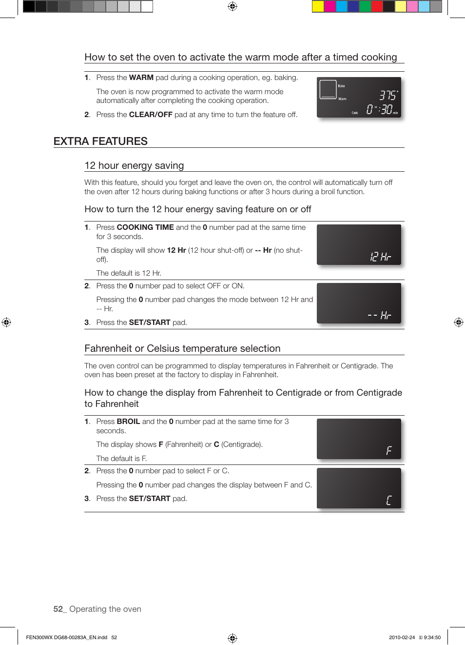 Extra features, 12 hour energy saving, Fahrenheit or celsius temperature selection | Samsung FE-N300** User Manual | Page 52 / 72