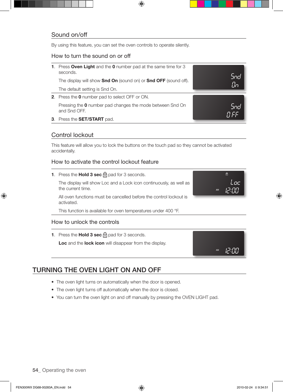 Turning the oven light on and off, Sound on/off, Control lockout | How to turn the sound on or off, How to activate the control lockout feature, How to unlock the controls | Samsung FE-N300** User Manual | Page 54 / 72