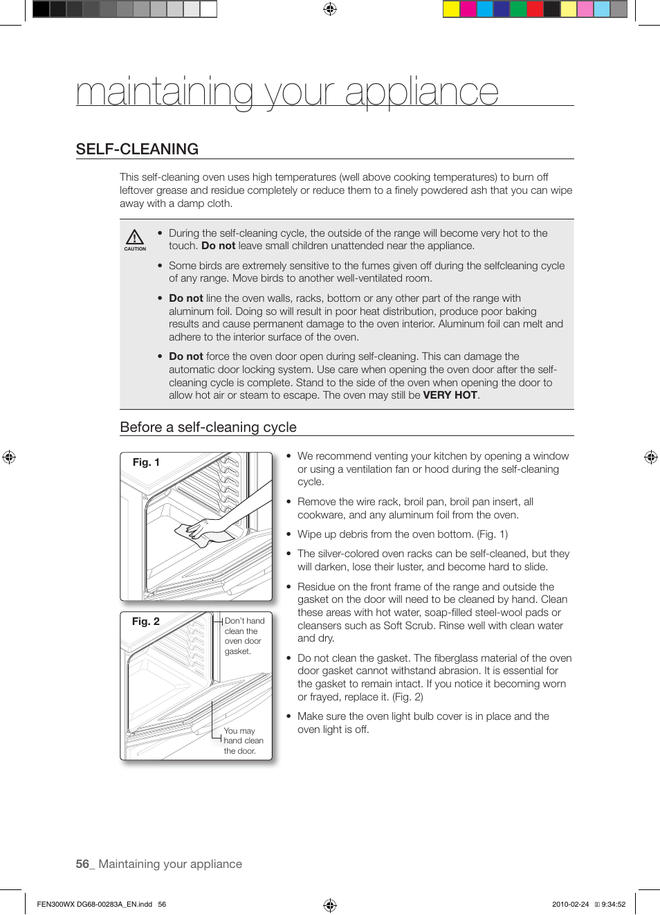 Maintaining your appliance, Self-cleaning, Before a self-cleaning cycle | Samsung FE-N300** User Manual | Page 56 / 72