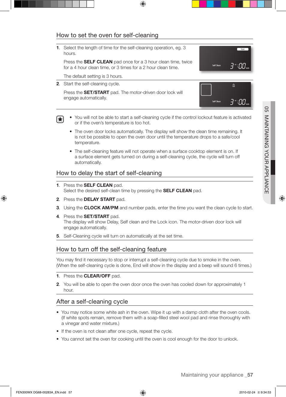 How to set the oven for self-cleaning, How to delay the start of self-cleaning, How to turn off the self-cleaning feature | After a self-cleaning cycle | Samsung FE-N300** User Manual | Page 57 / 72