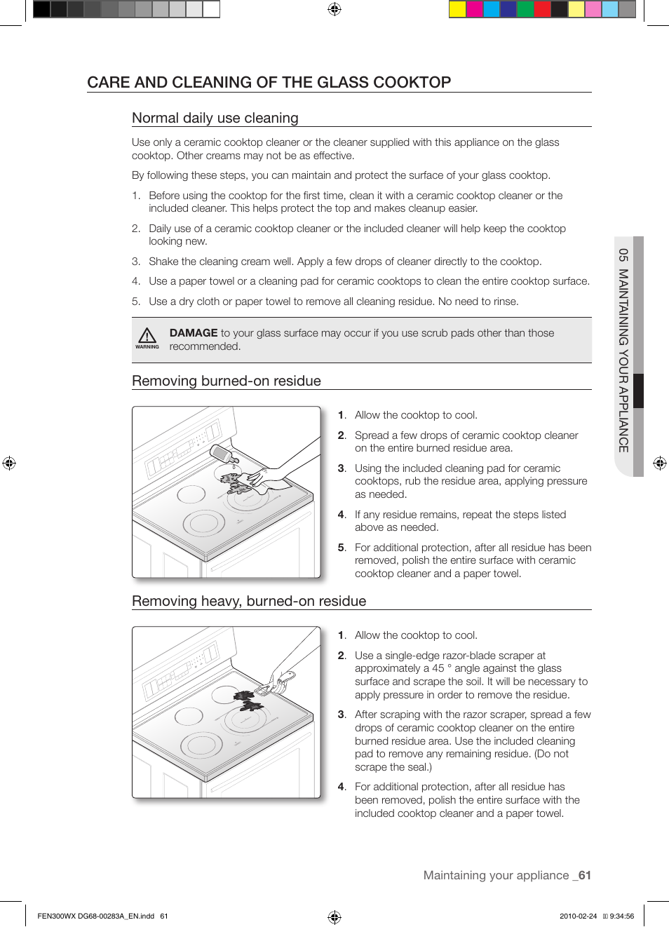 Care and cleaning of the glass cooktop, Normal daily use cleaning, Removing burned-on residue | Removing heavy, burned-on residue | Samsung FE-N300** User Manual | Page 61 / 72
